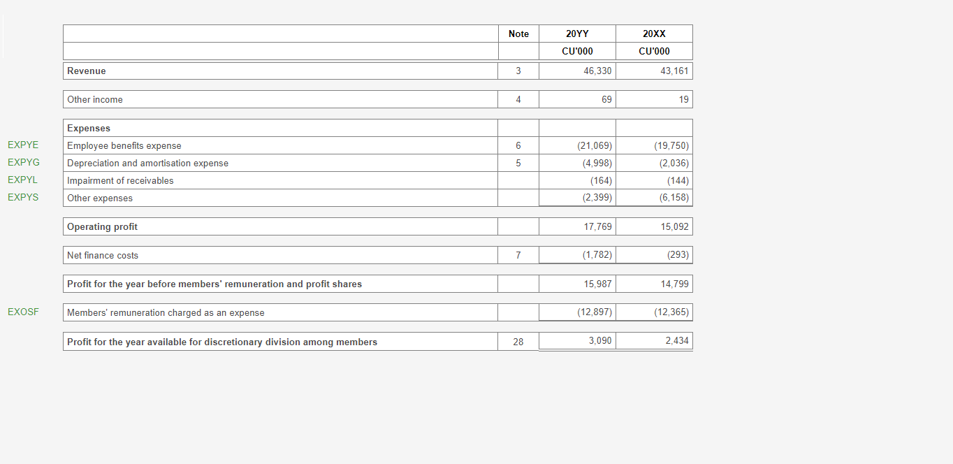 Image shows Profit or loss screen in software. It has been formatted to disclose standard revenue with expenses by nature and members remuneration (LLP).